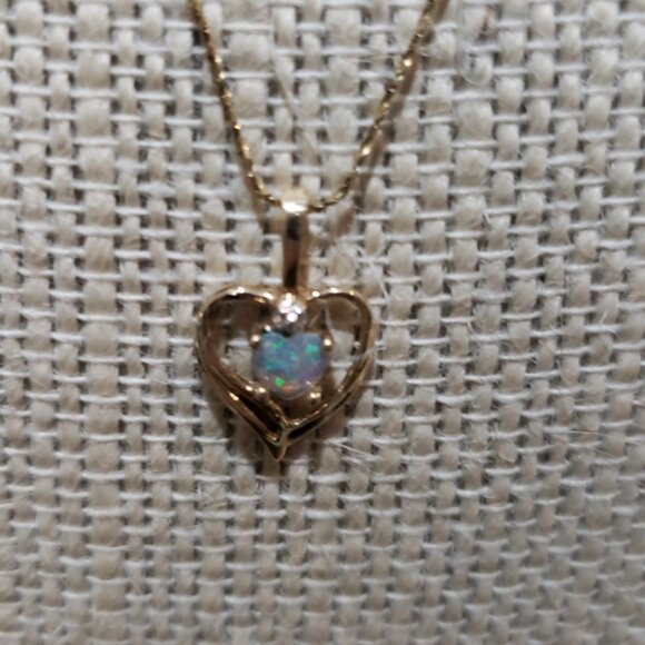 10K Yellow Gold Opal Diamond Pendant Chain is 14K Yellow Gold 16" - Picture 3 of 9